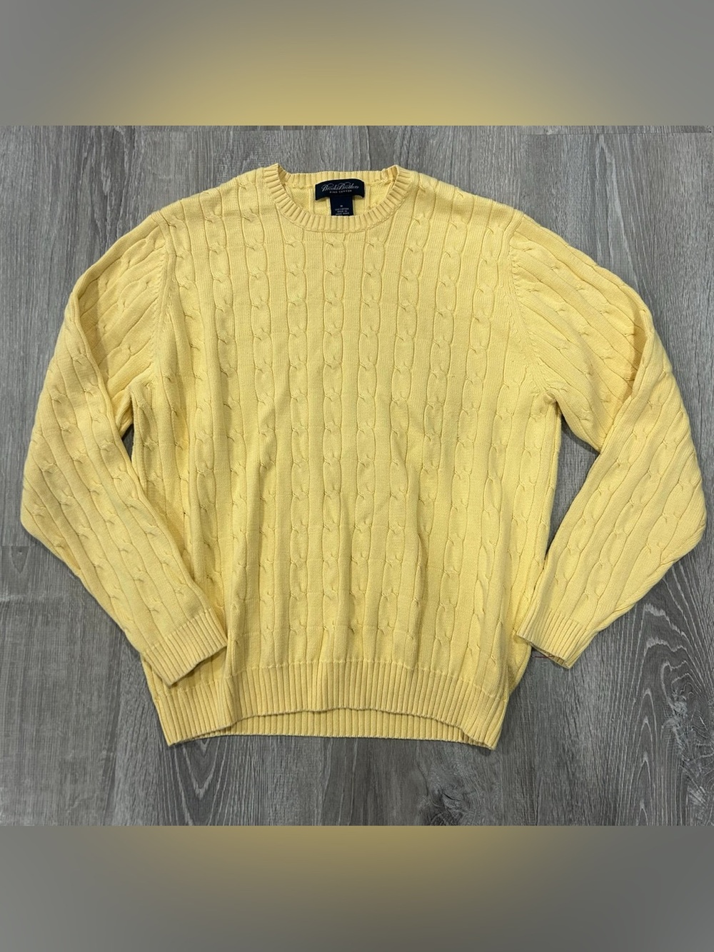 Brooks Brother Cable Knit Yellow Classic Preppy Cotton Office Sweater Size M